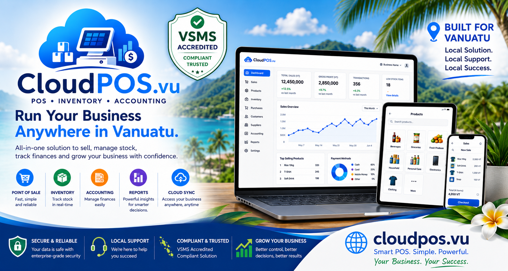 CloudPOS.vu advertisement featuring VSMS Accredited messaging and Vanuatu business positioning