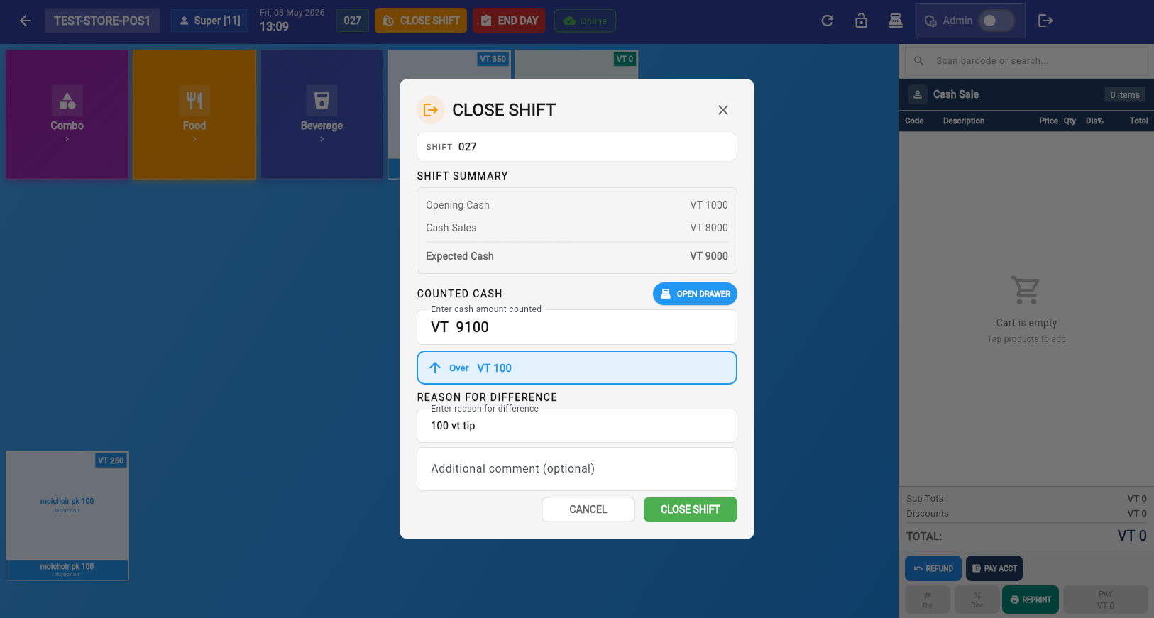 Close shift dialog
