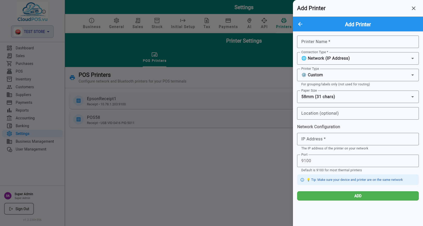 Add Printer form