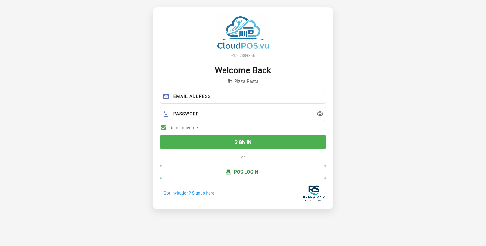 Login screen with POS LOGIN button