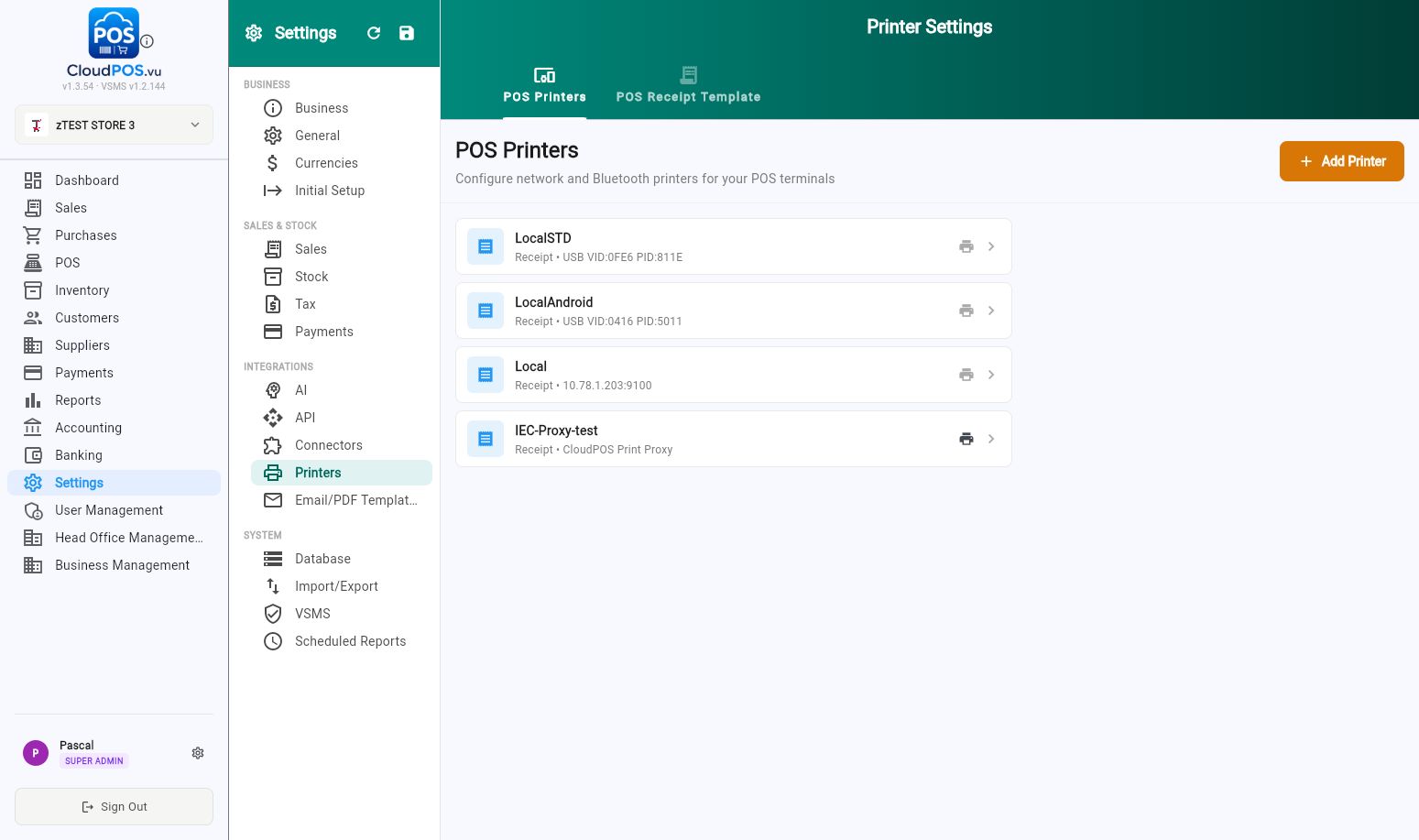 Settings → Printers — the business-wide printer list (POS Printers tab).