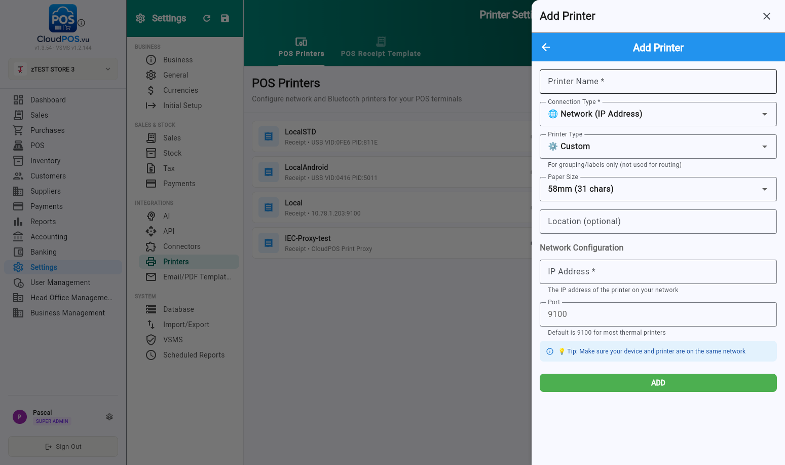 Add Printer — name, connection type, printer type (grouping label), paper size and network address.