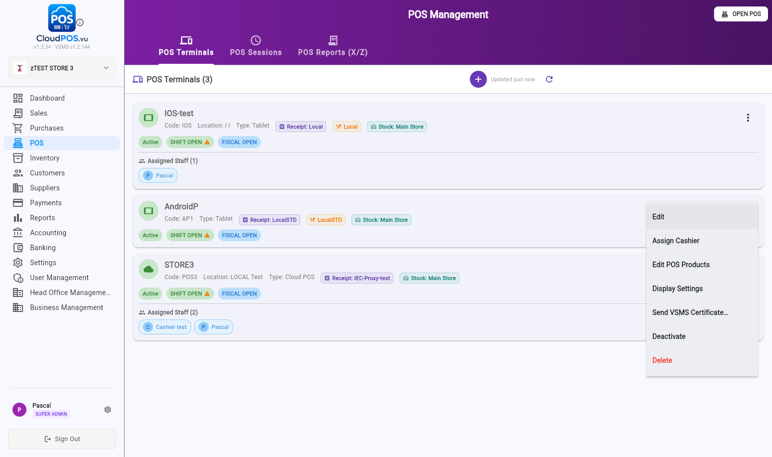 Terminal ⋮ menu — Edit, Assign Cashier, Edit POS Products, Display Settings…