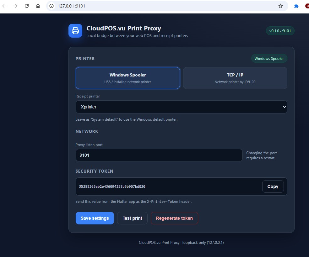 CloudPOS-WebPrinting configuration screen