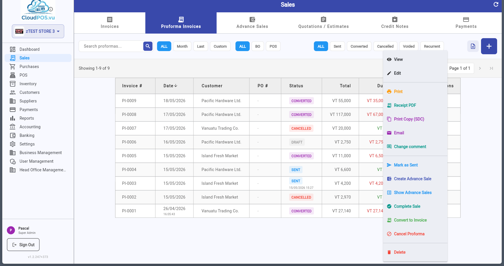 PI action menu with Create Advance Sale