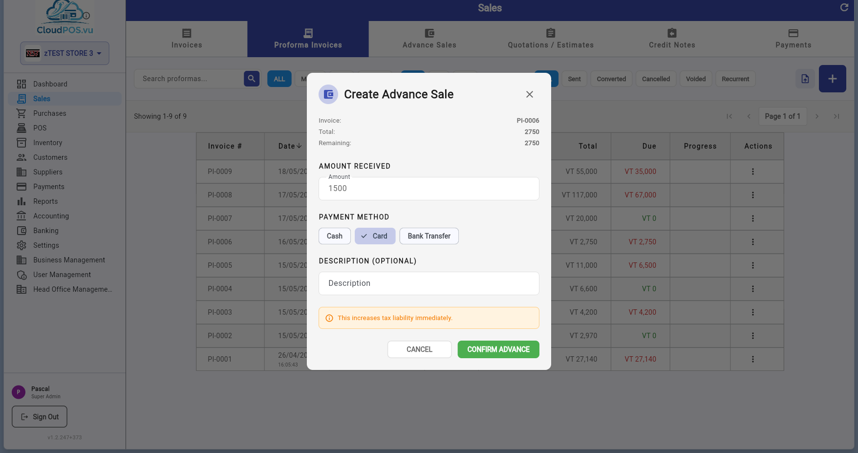 Create Advance Sale dialog