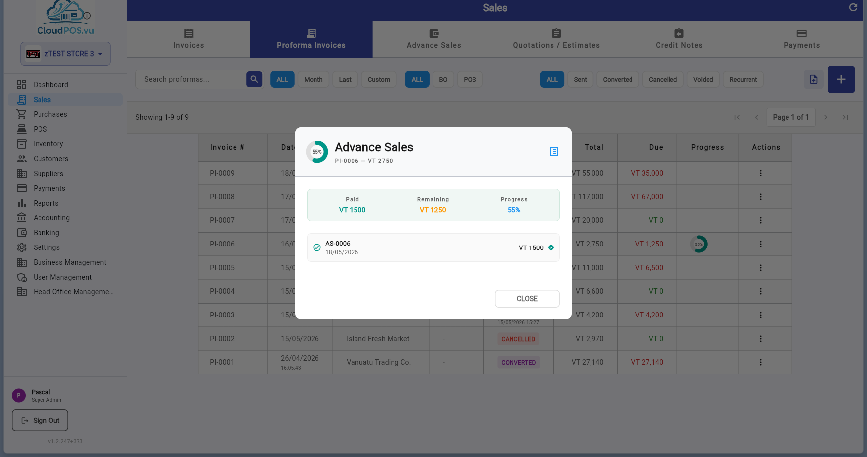 Show Advance Sales dialog