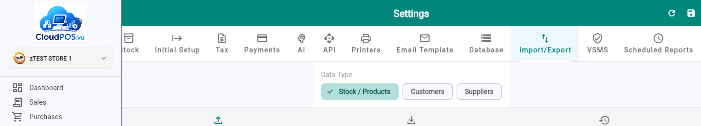 Data Type selector: Stock/Products, Customers, Suppliers