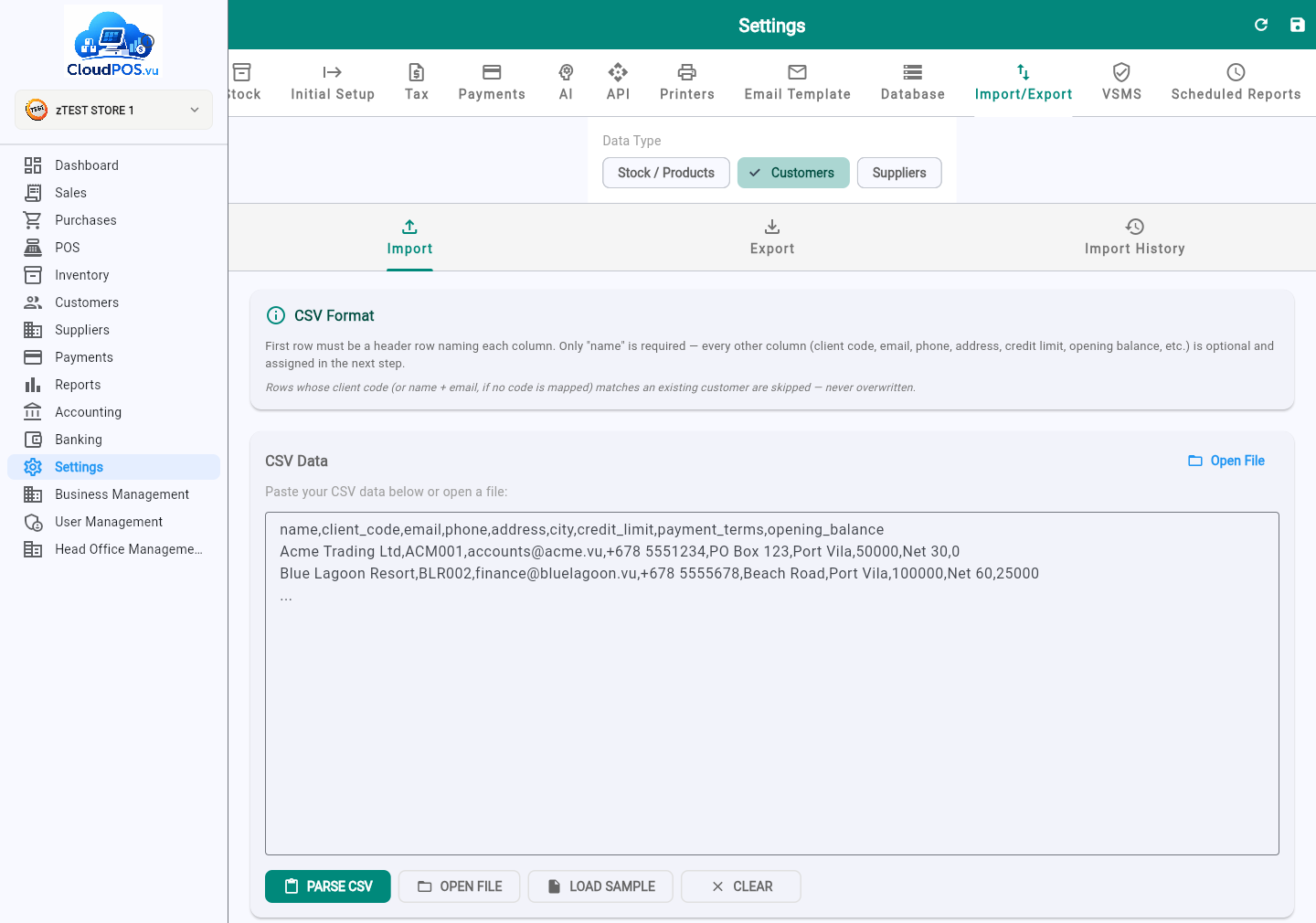 Customers import — CSV format instructions and data input