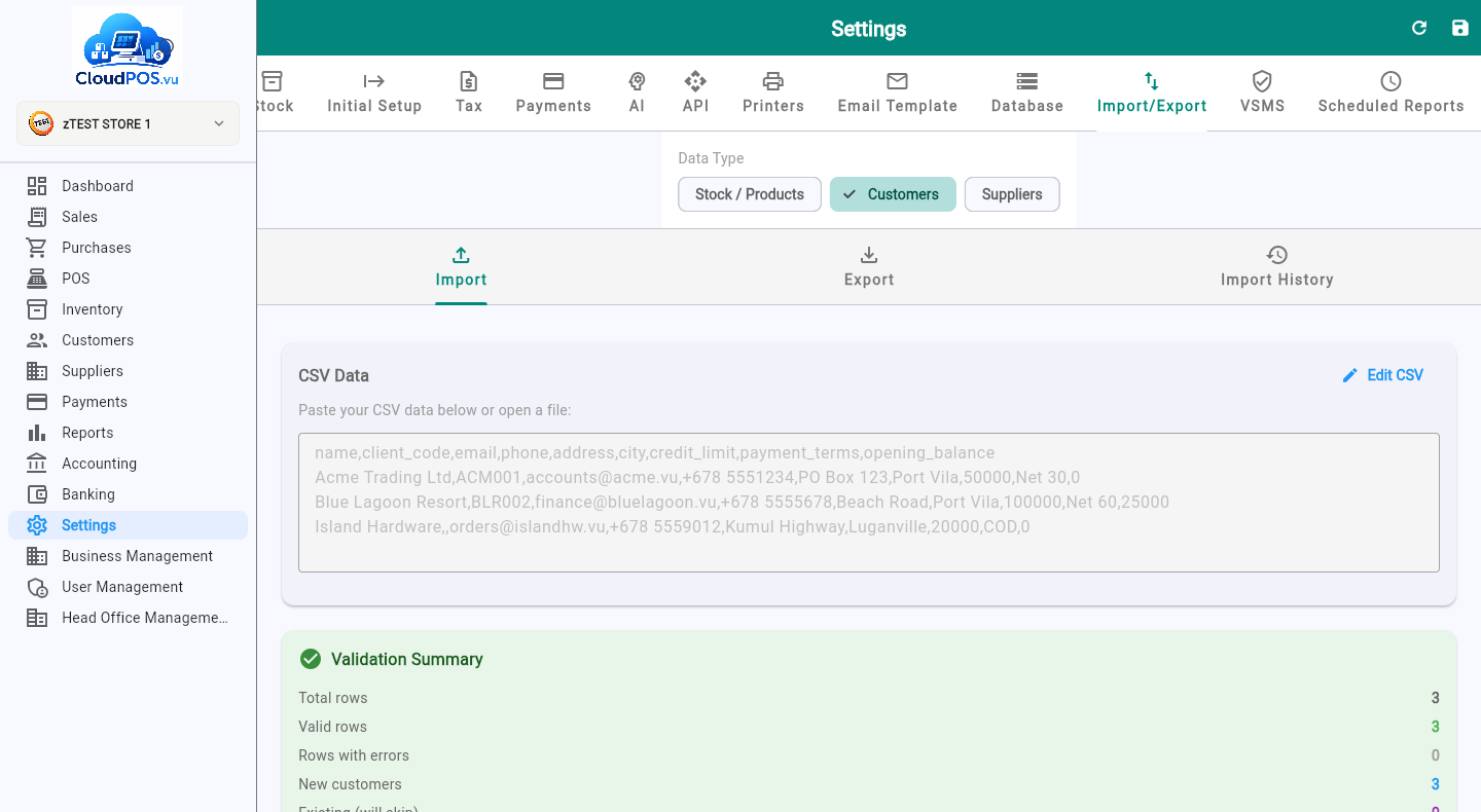 Customer preview showing 3 new rows ready to import