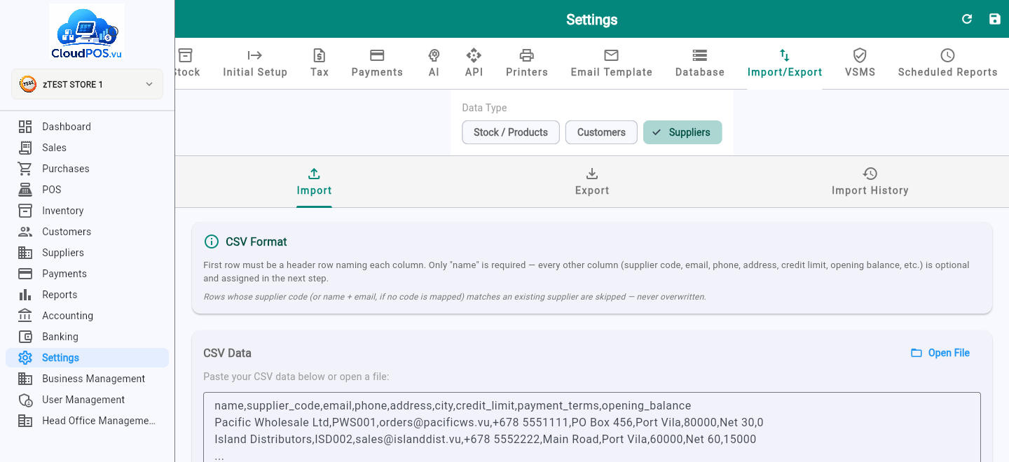 Suppliers import — CSV format instructions and data input