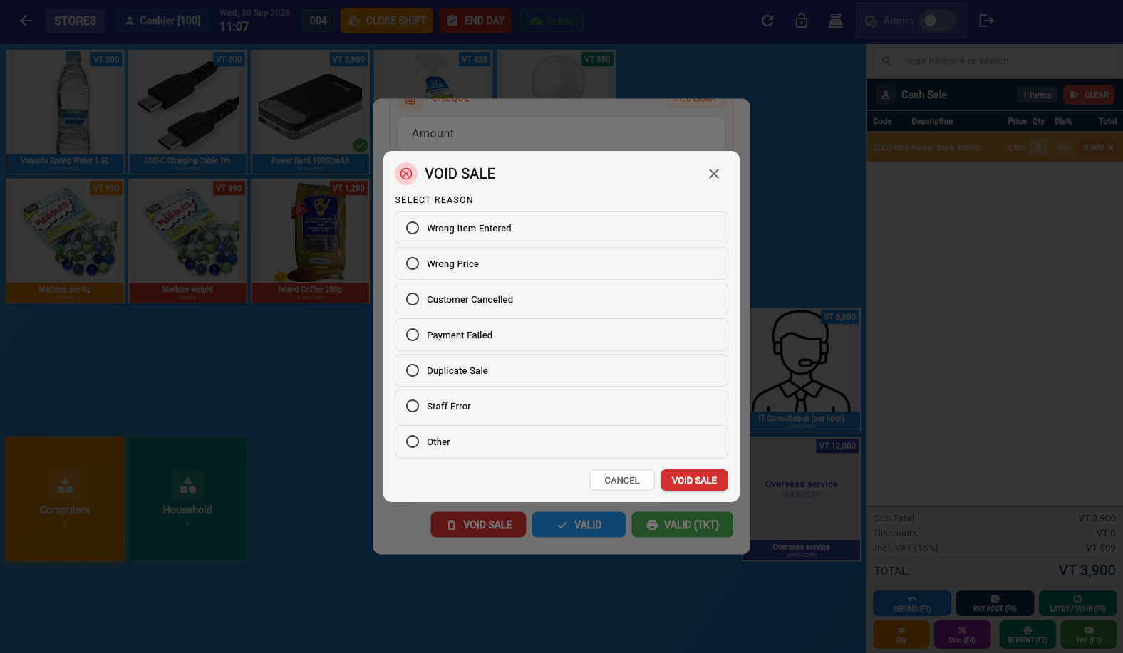 Void reason dialog