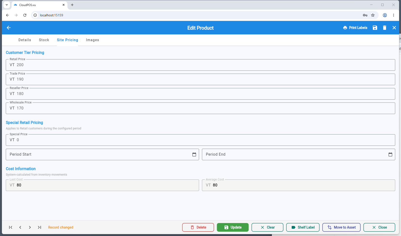 Site Pricing tab
