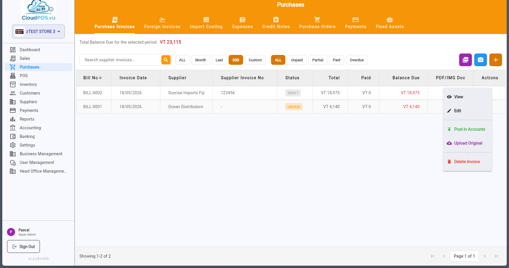 Draft invoice action menu