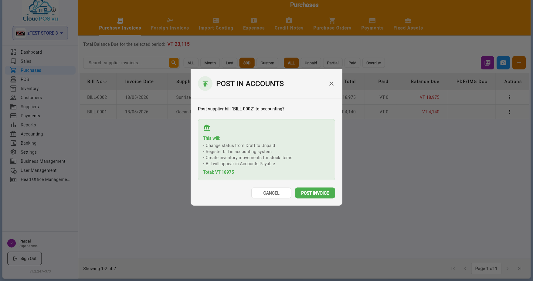 Post to accounts confirmation