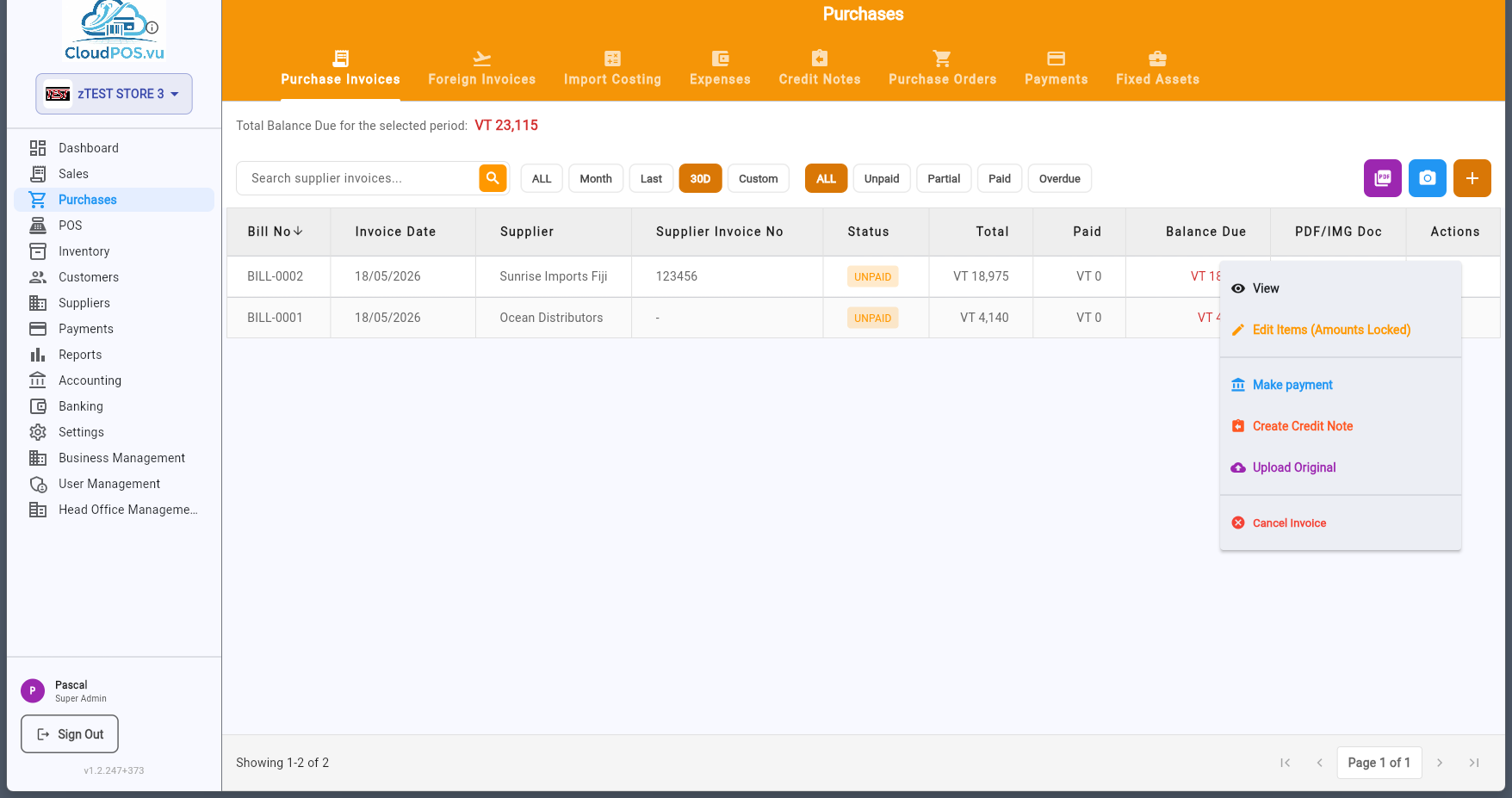 Unpaid invoice action menu