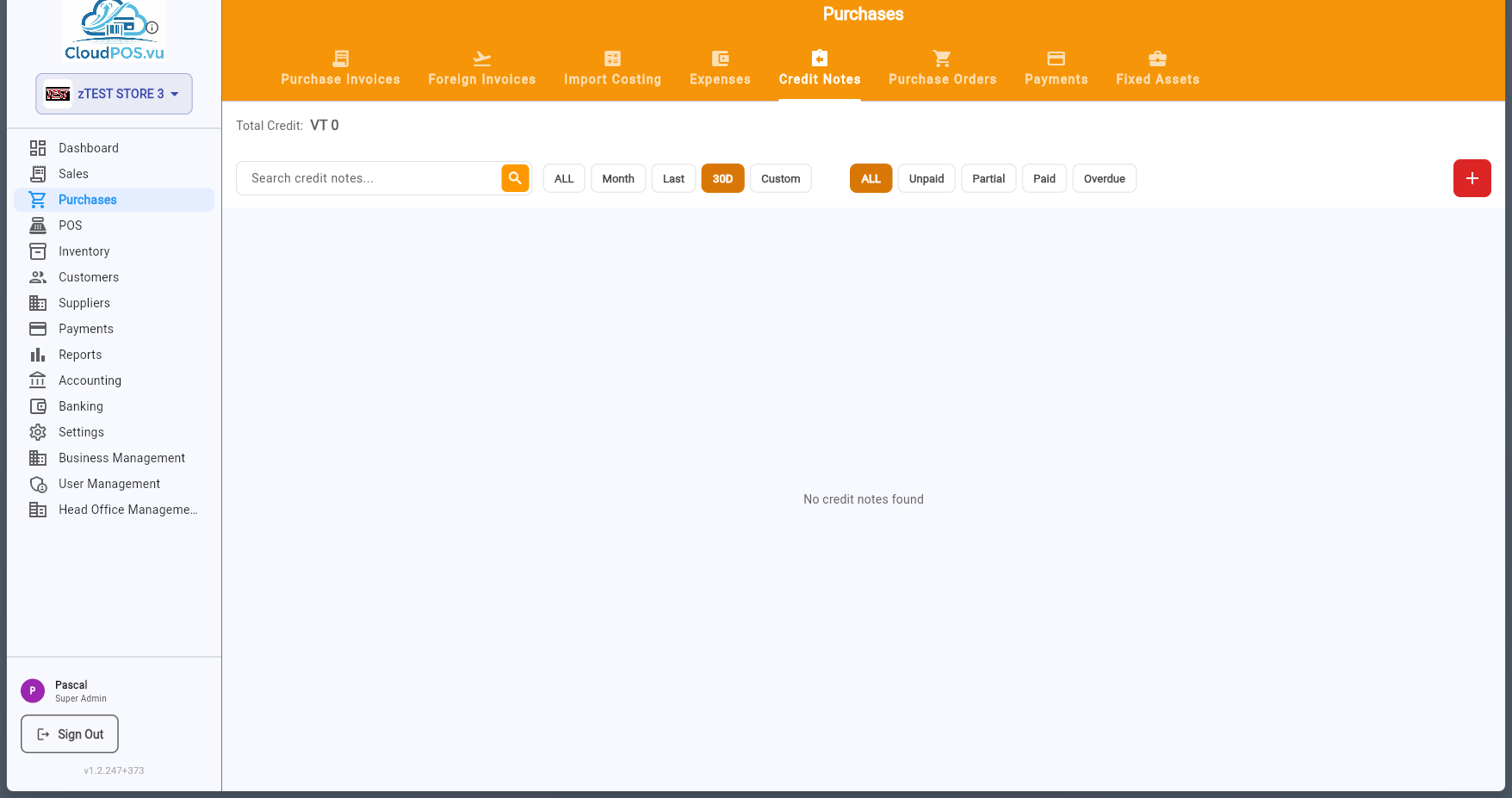 Credit Notes tab