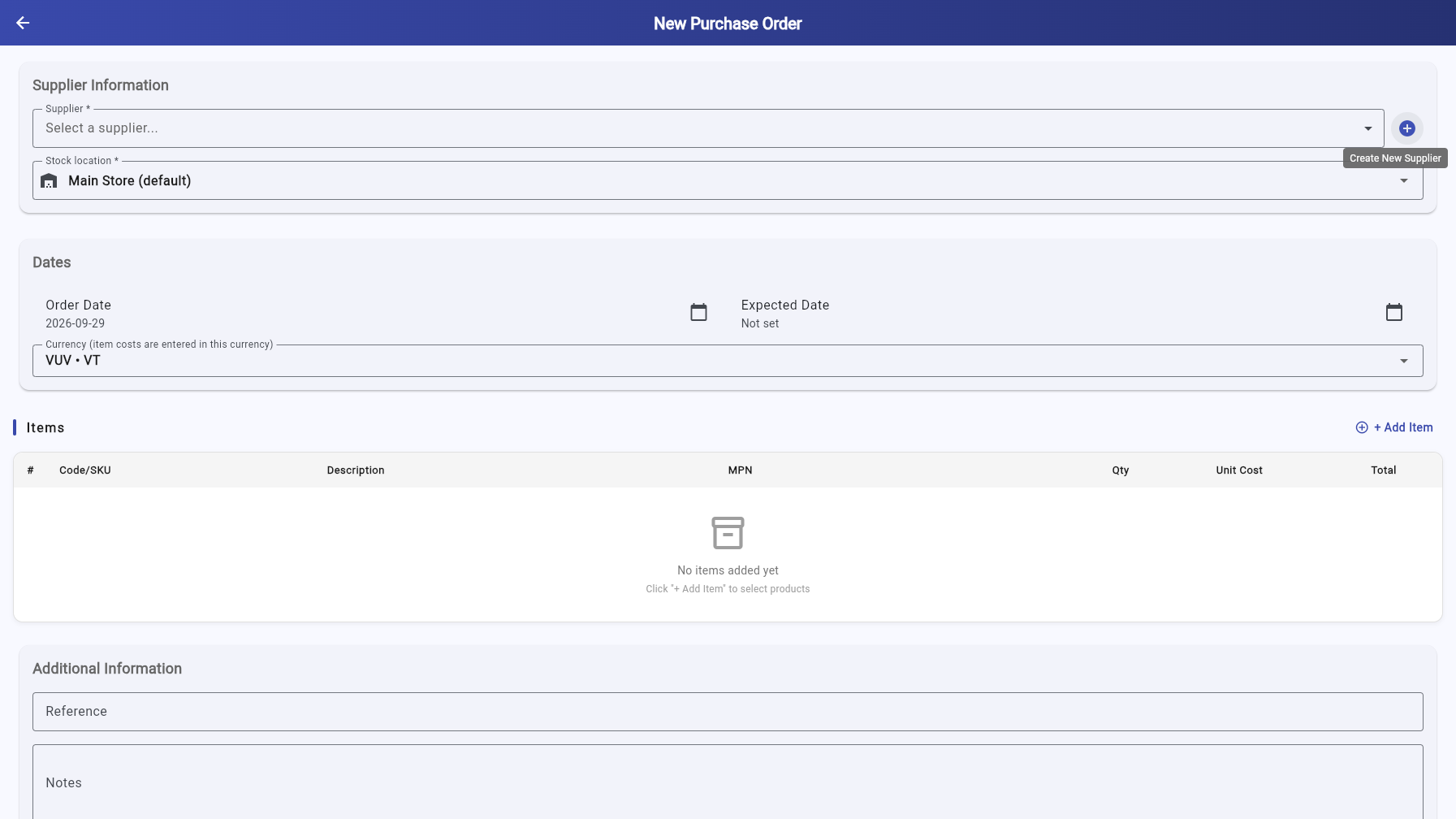 New Purchase Order form