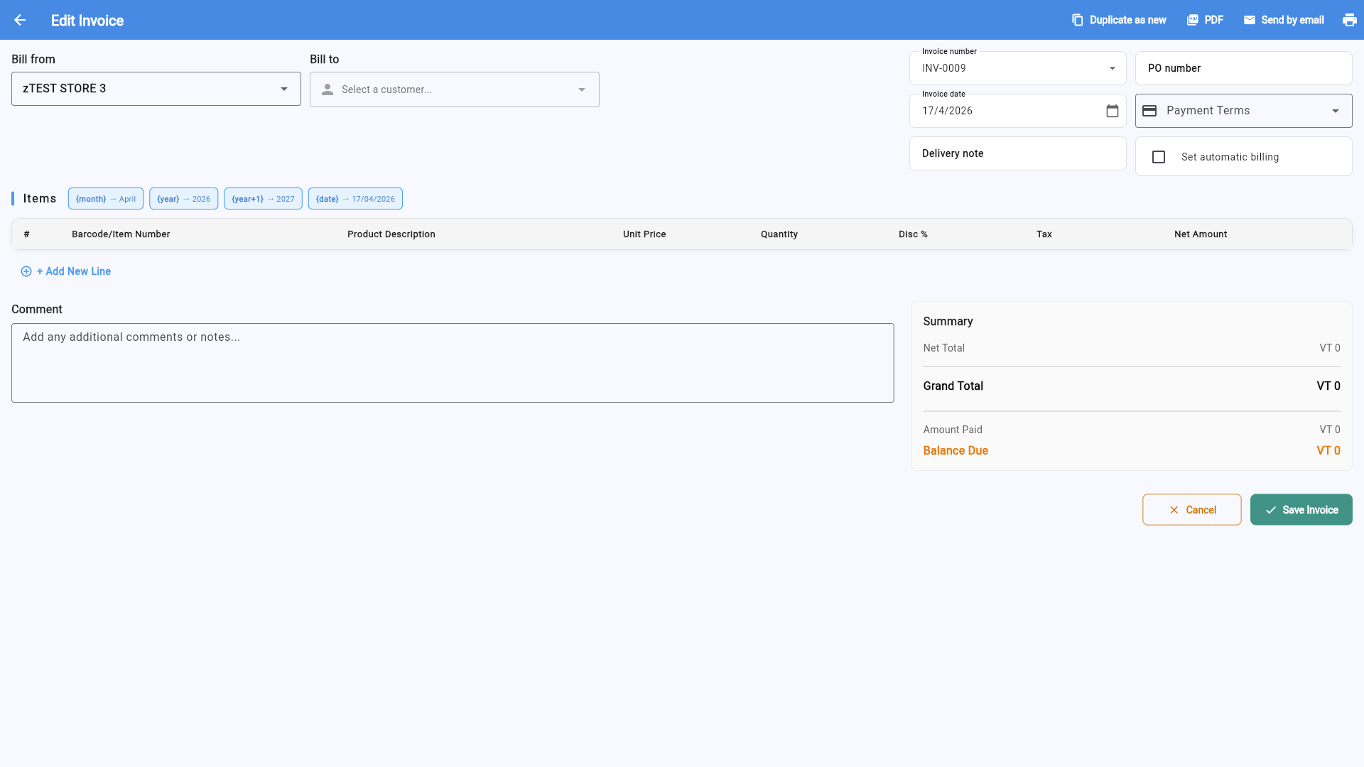 Empty invoice form