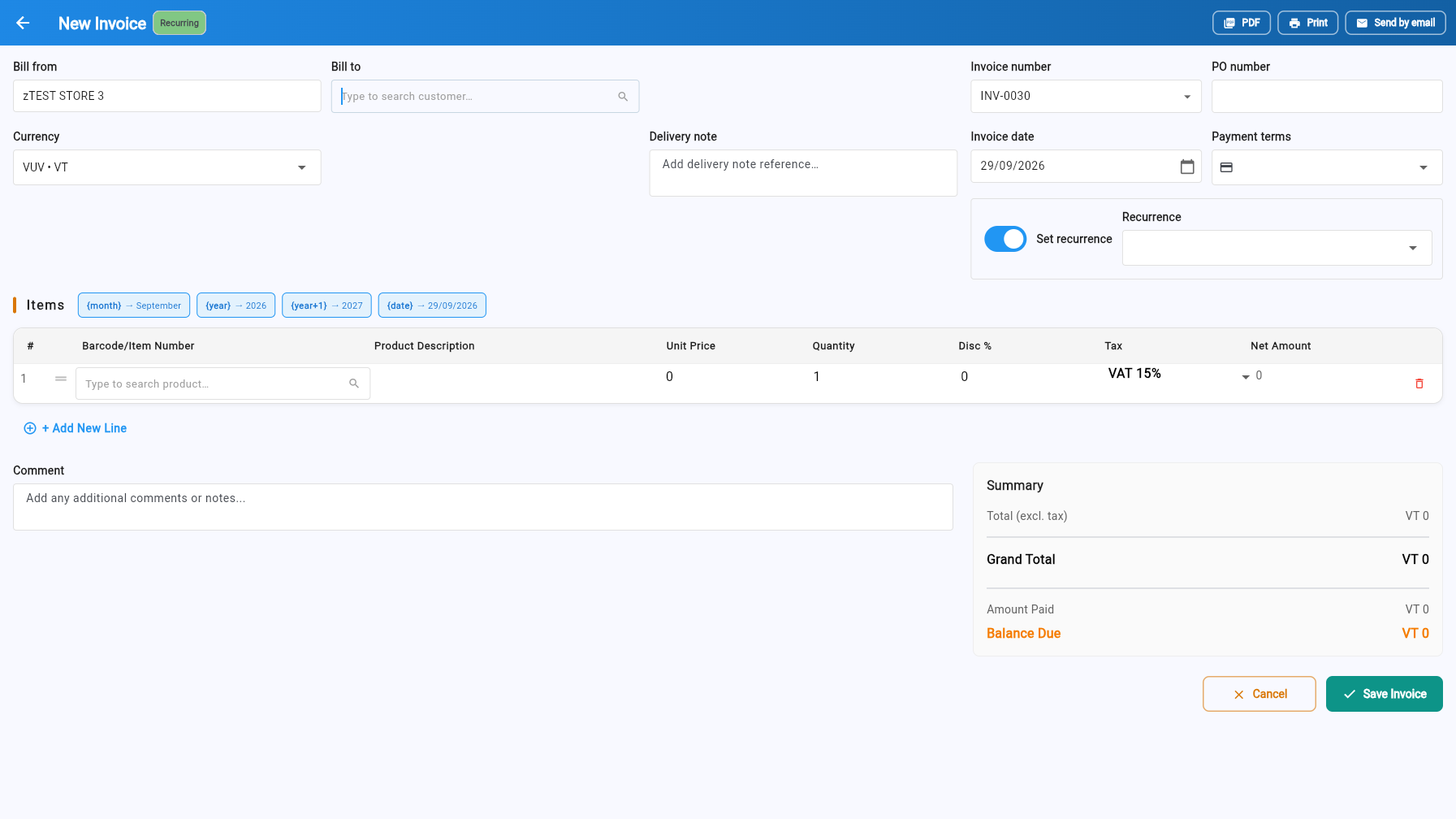 Invoice recurrence options