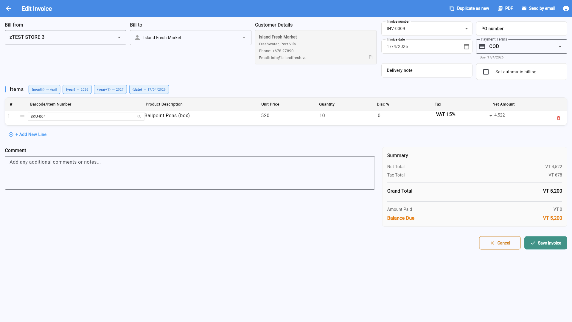 Filled invoice form