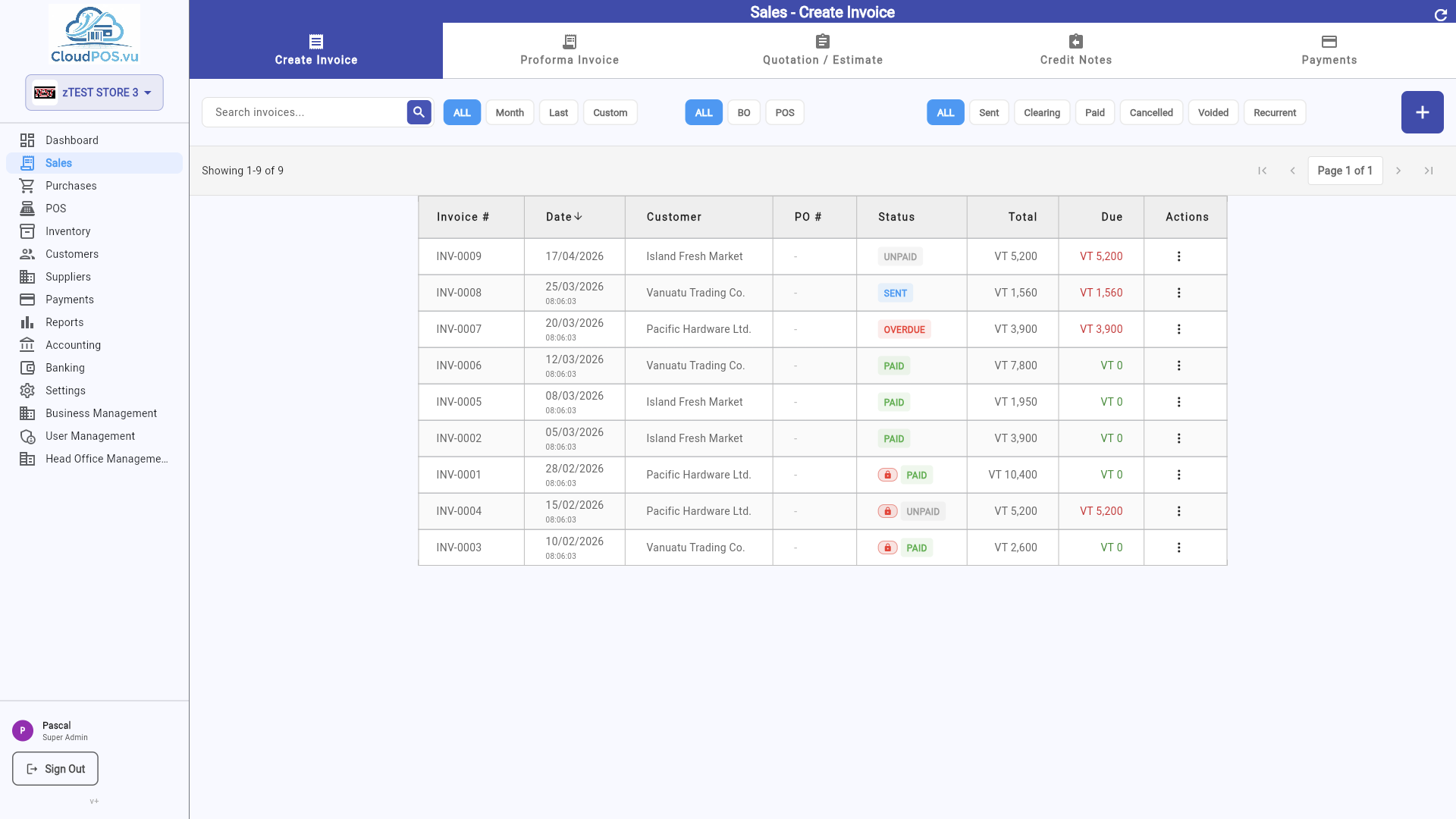 Invoice list with new invoice