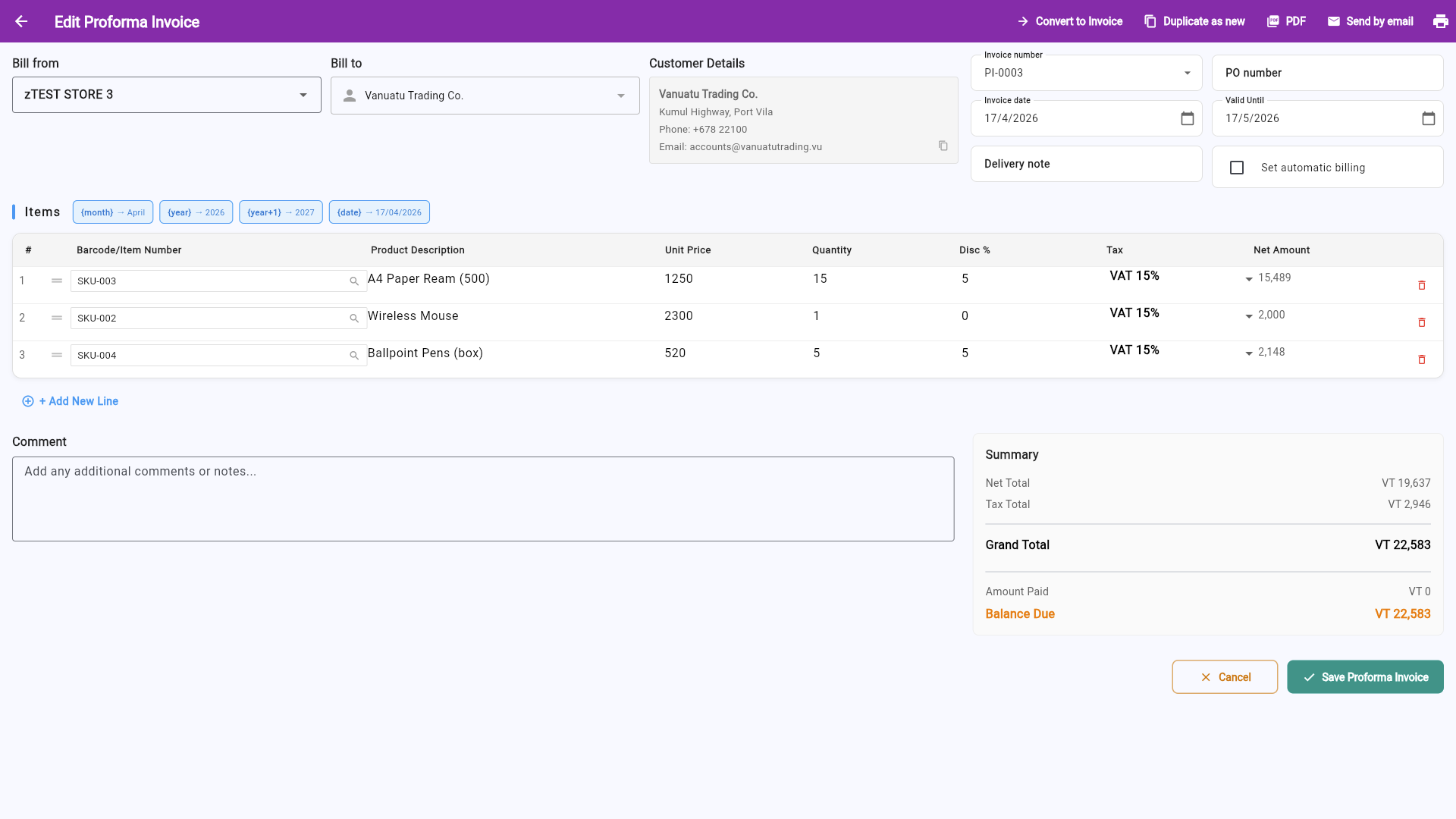 Filled Proforma Invoice