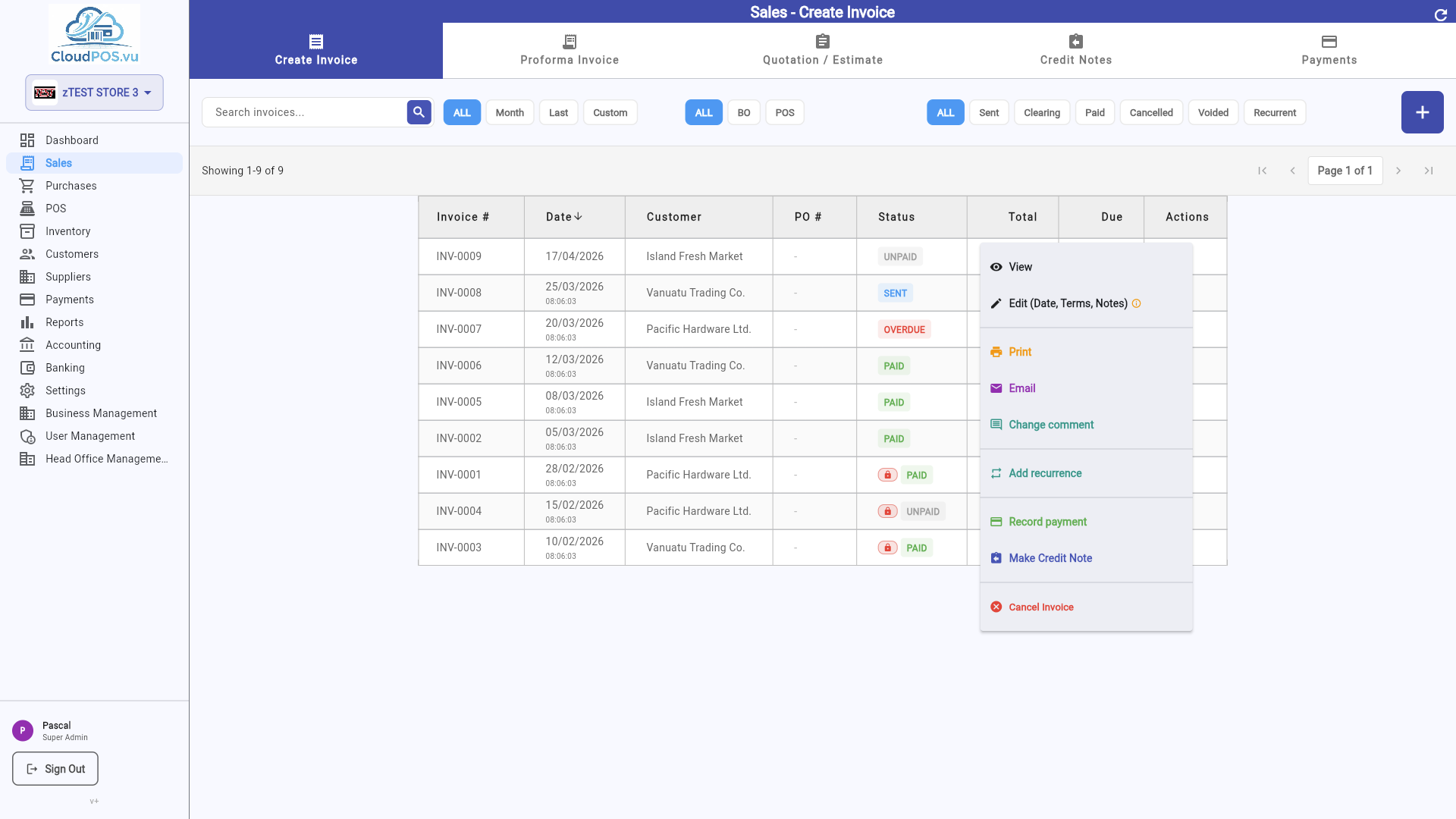 Invoice action menu