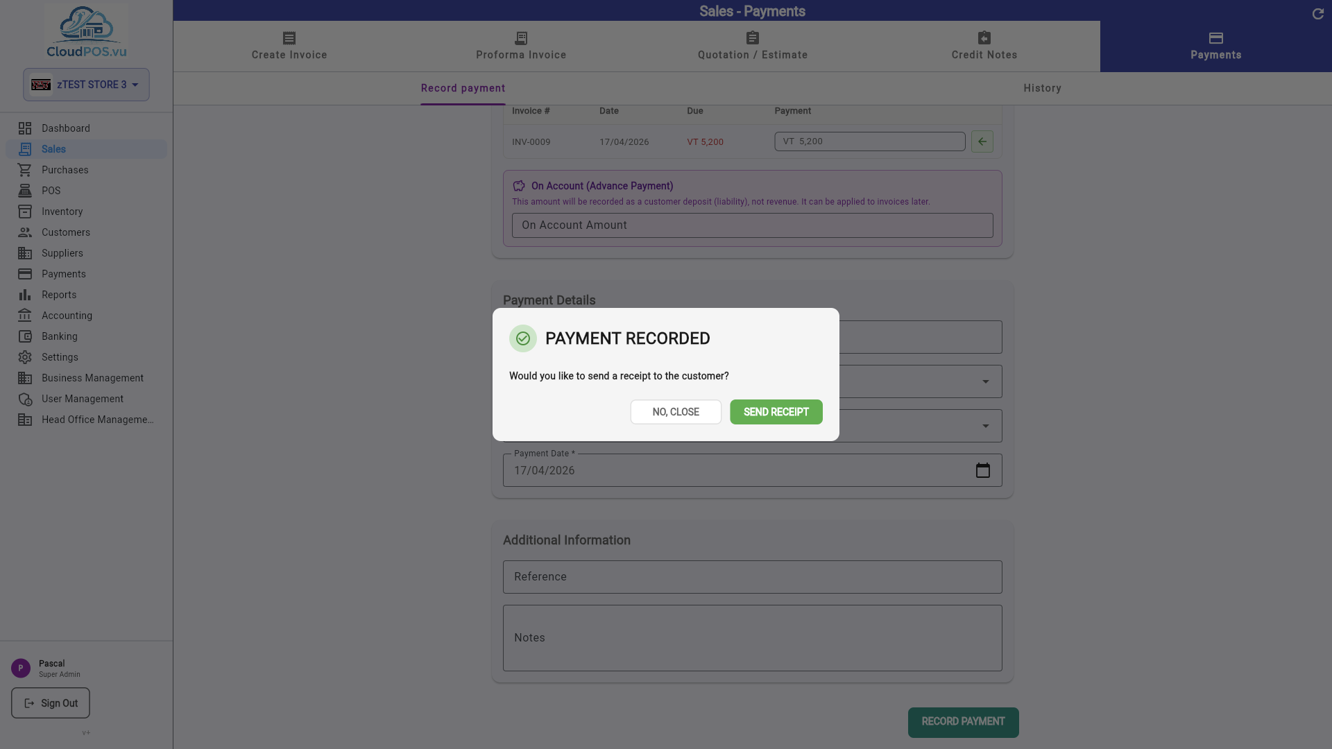 Payment recorded dialog
