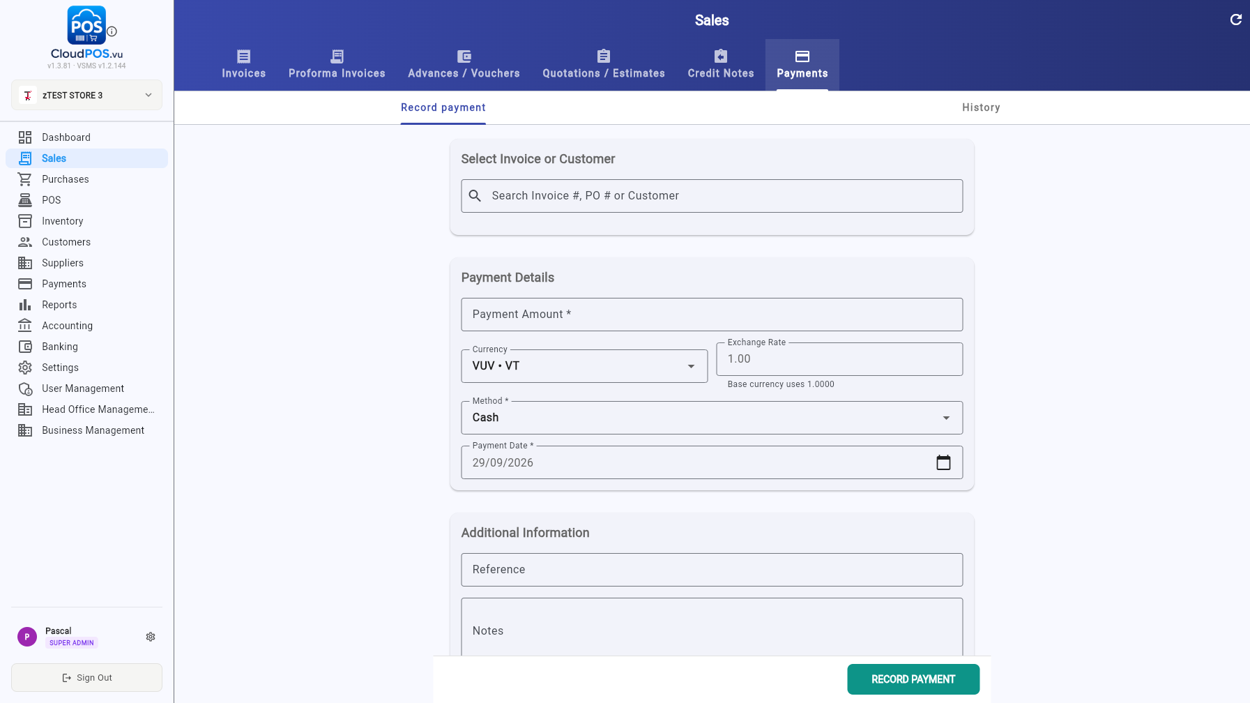 Sales Payments tab — record payment