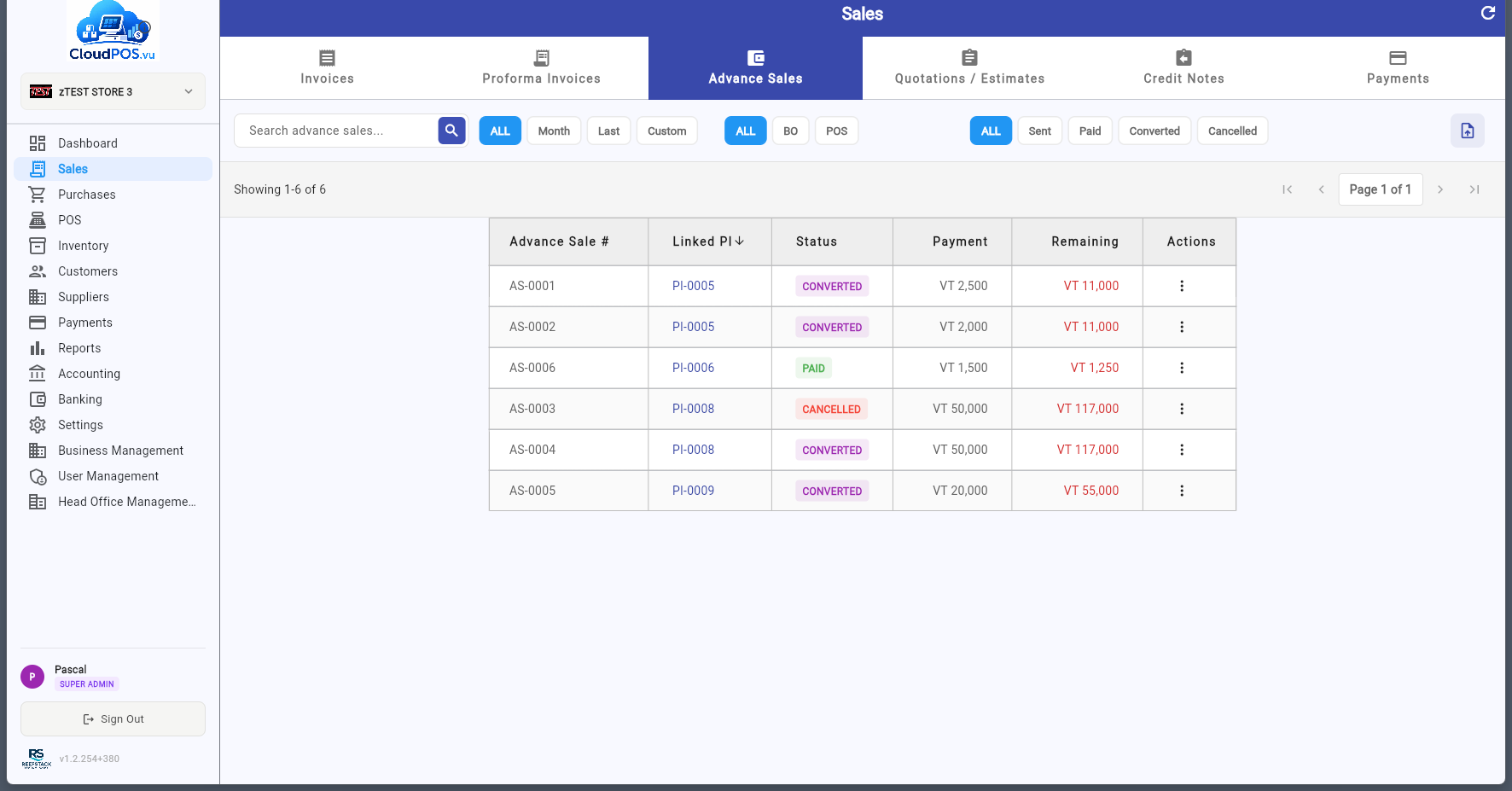 Advance Sales list with statuses
