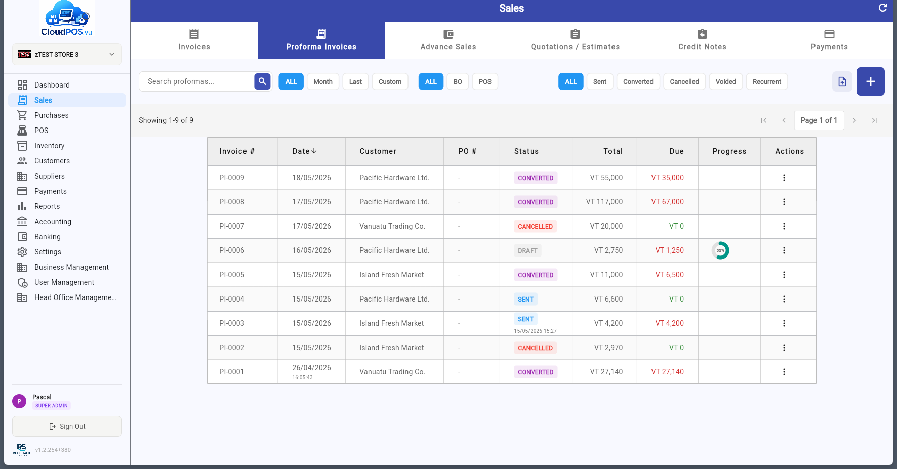 Proforma Invoice list with statuses