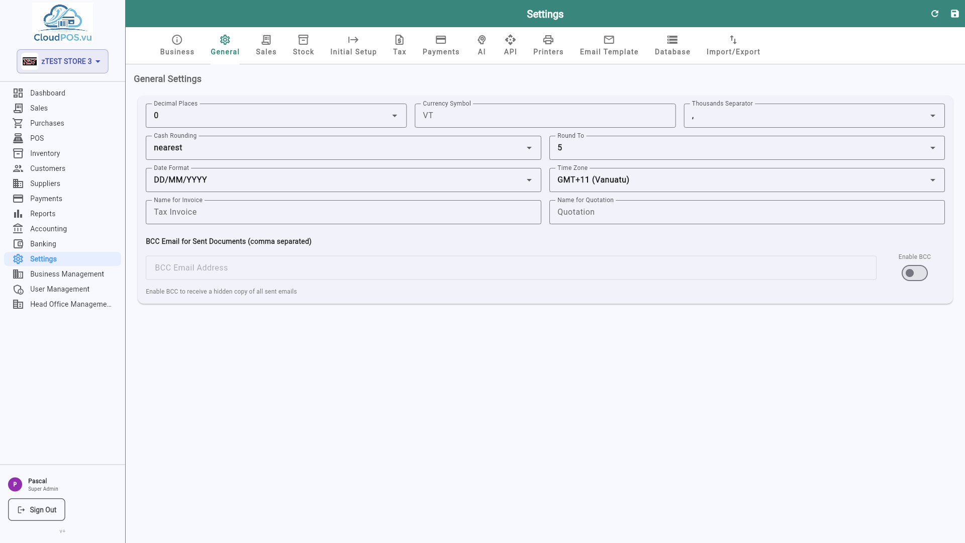 General settings tab