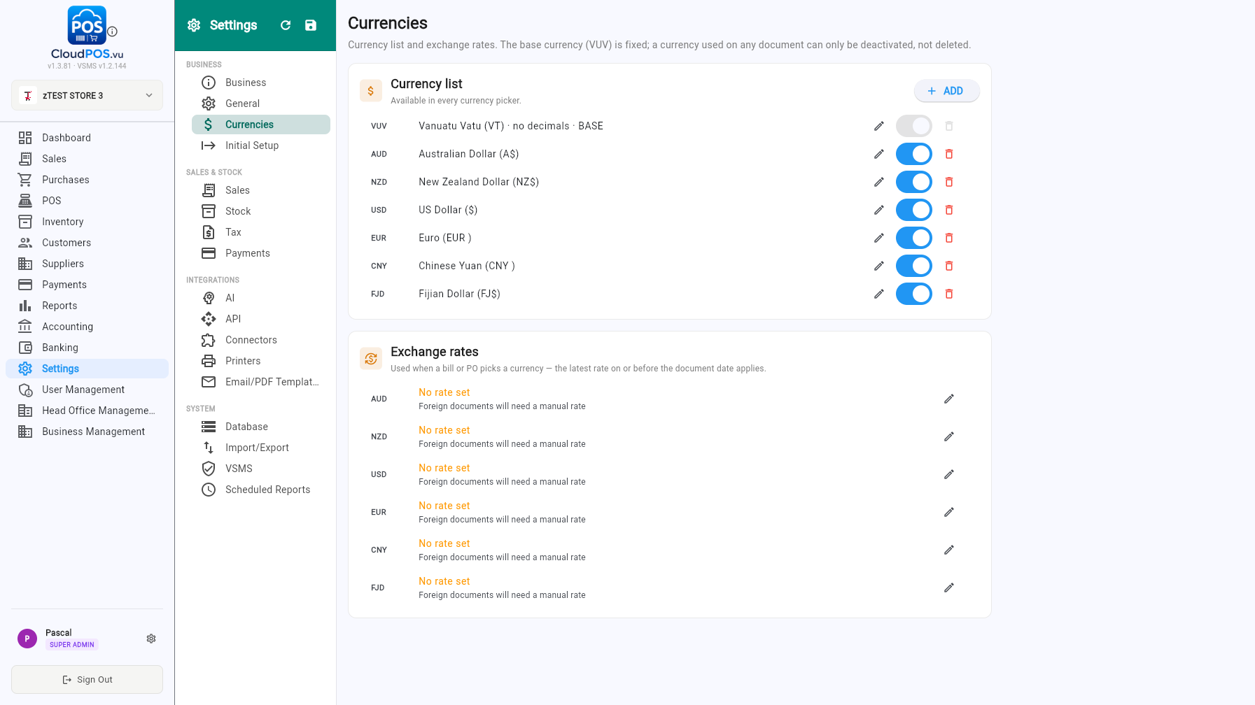Currencies settings tab