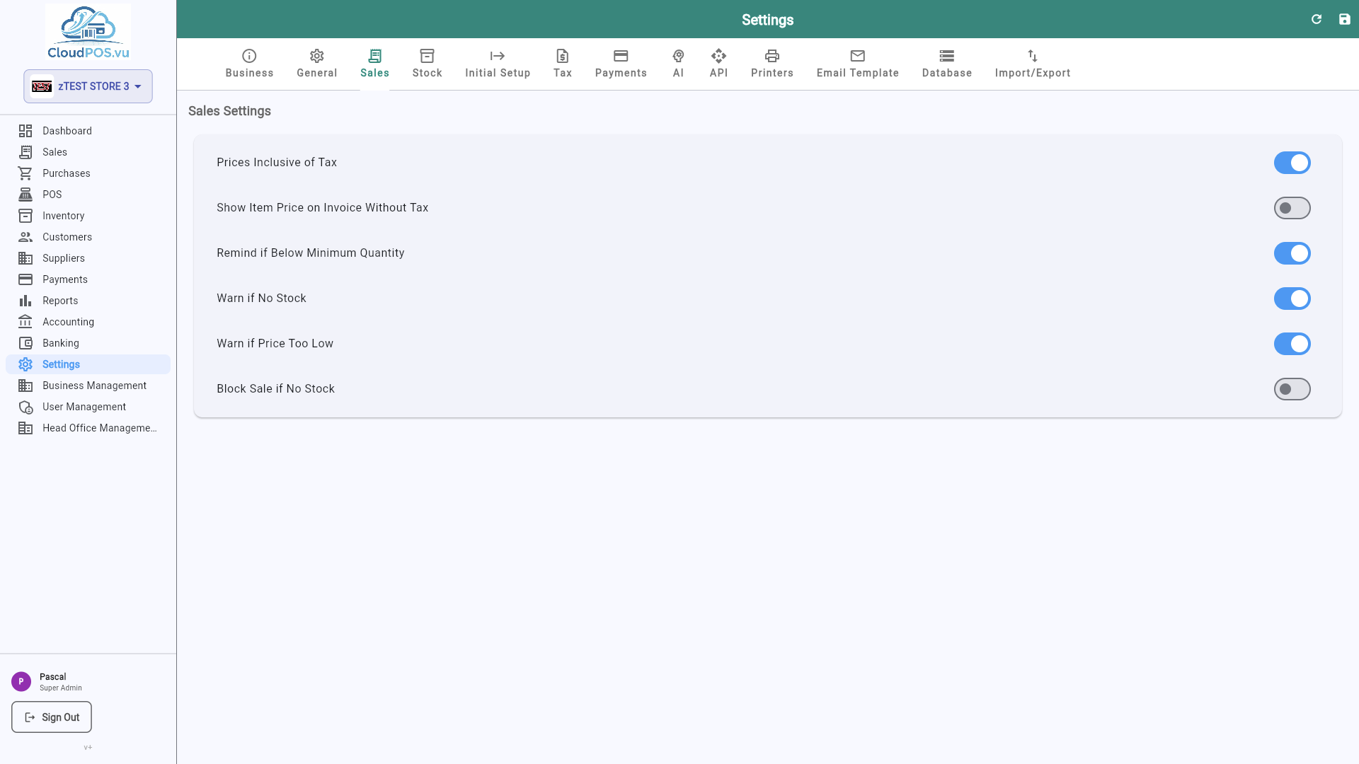 Sales settings tab
