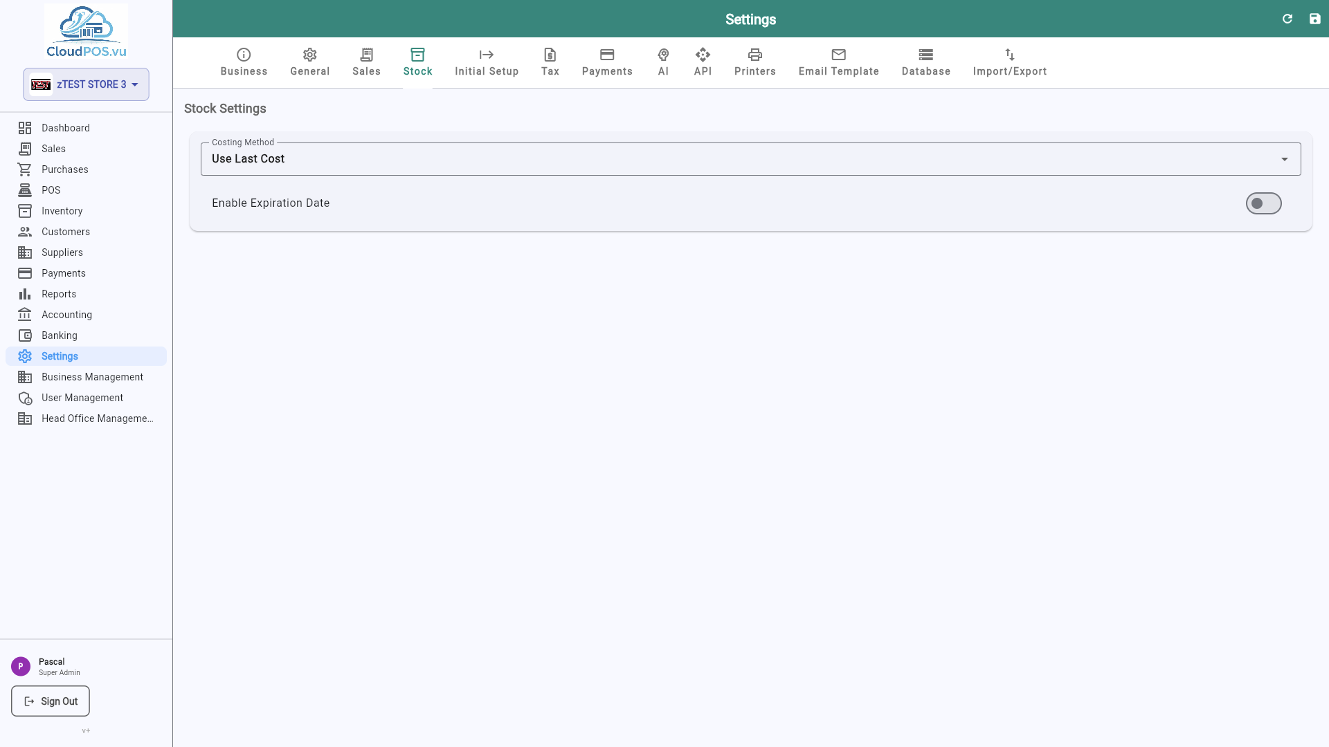 Stock settings tab