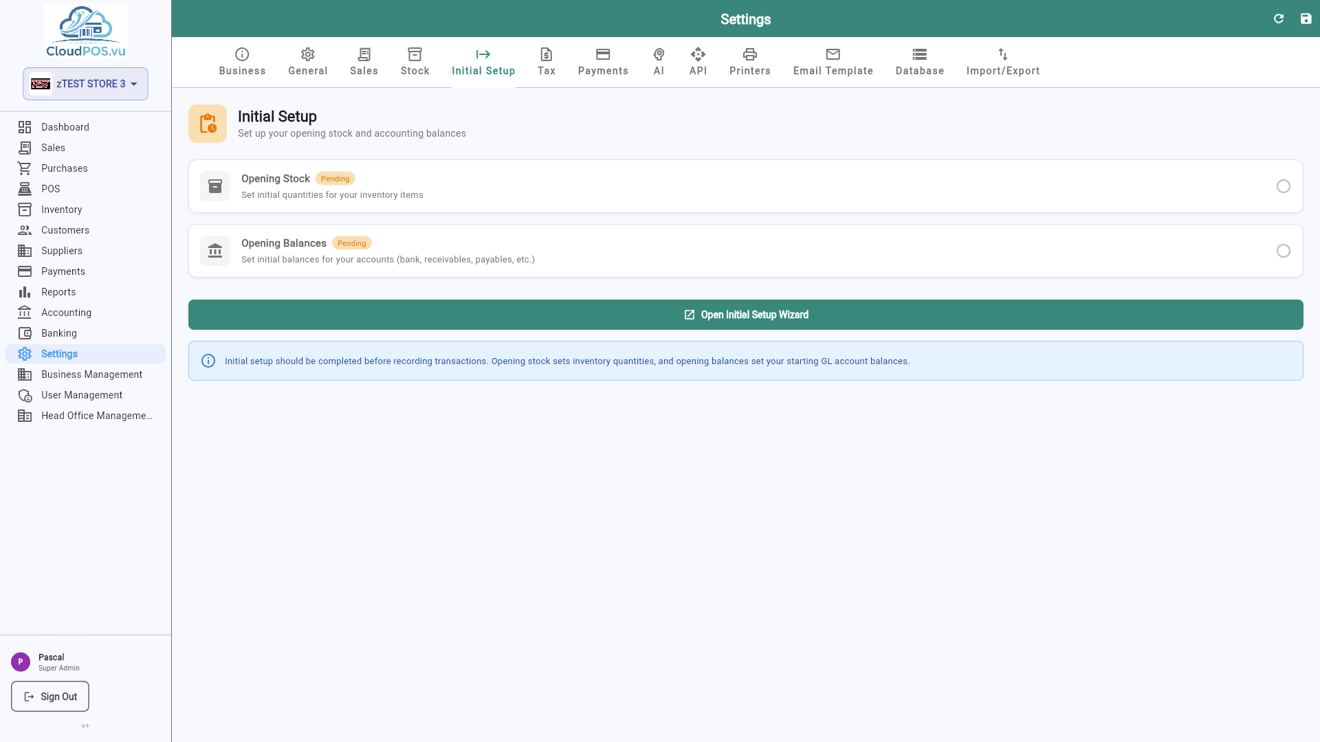 Initial Setup tab