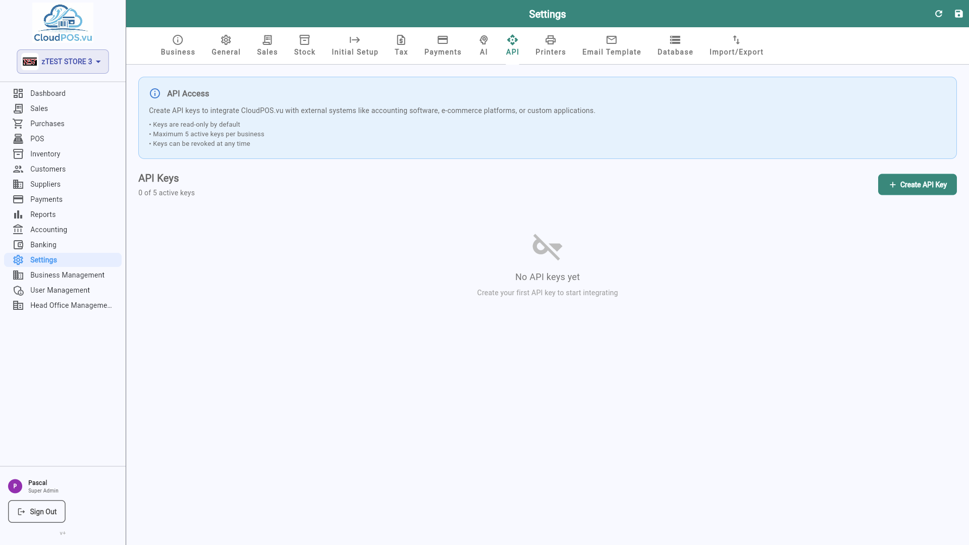 API settings tab