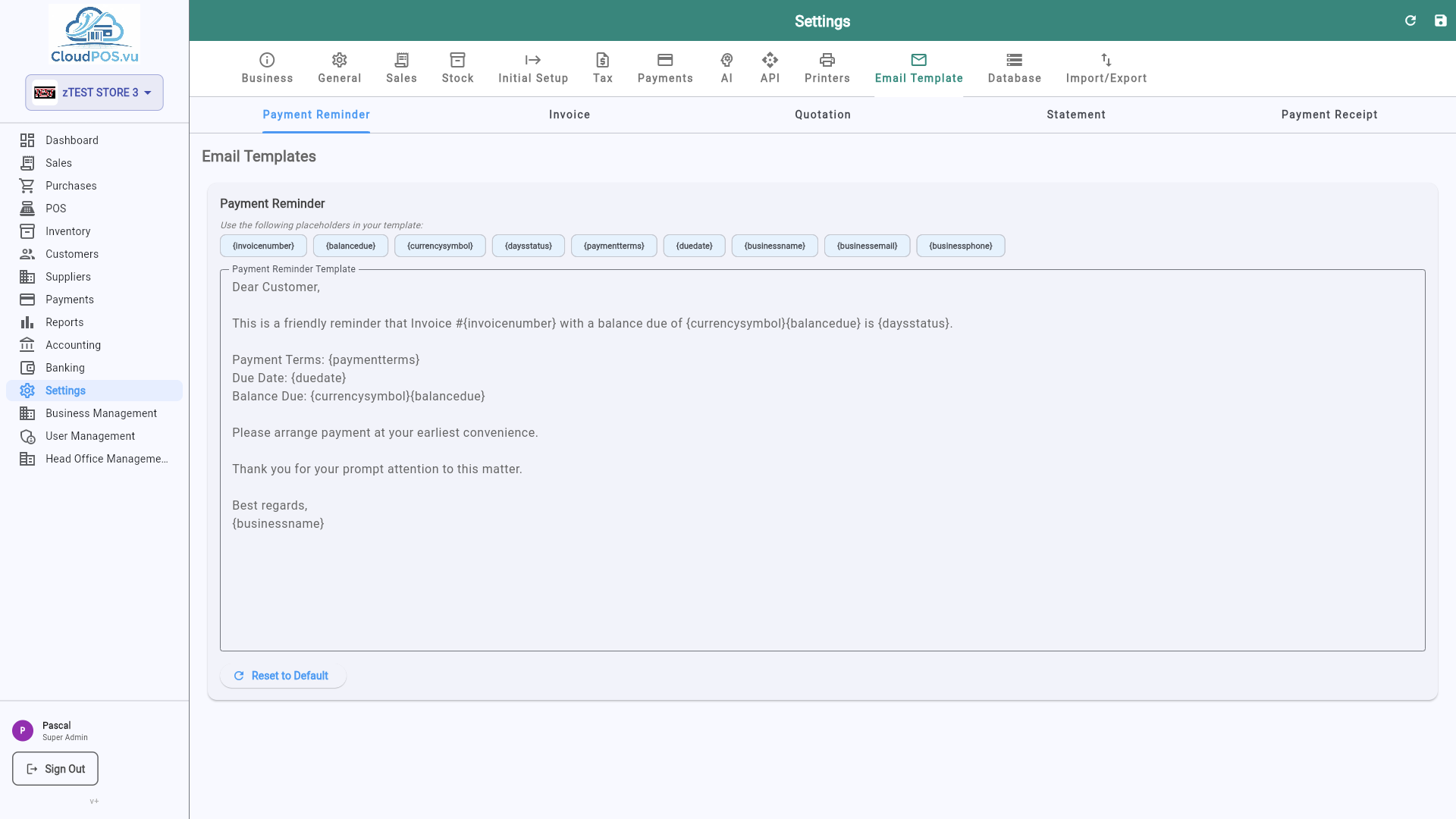 Email Template settings tab