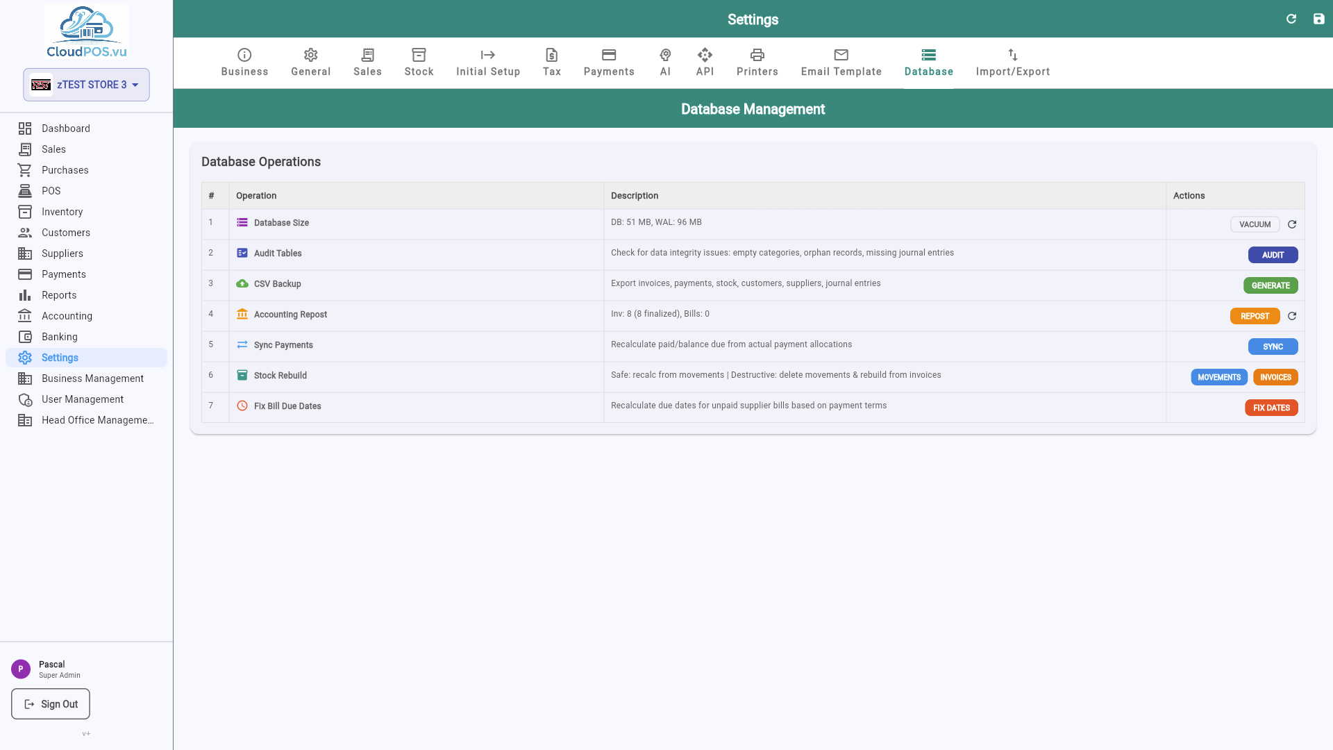 Database settings tab