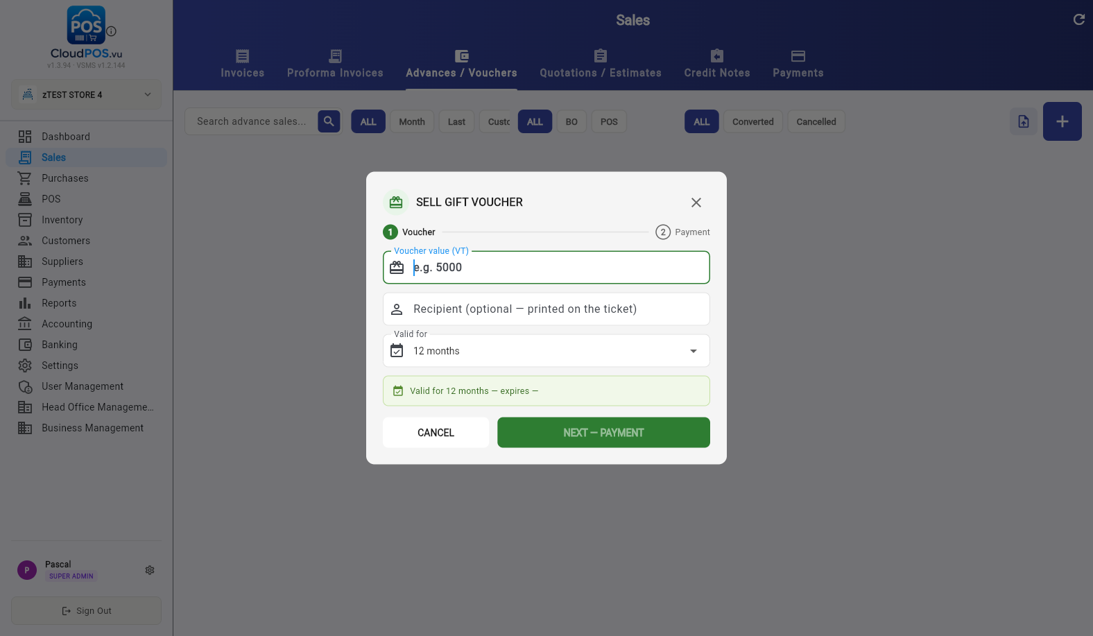 New voucher dialog