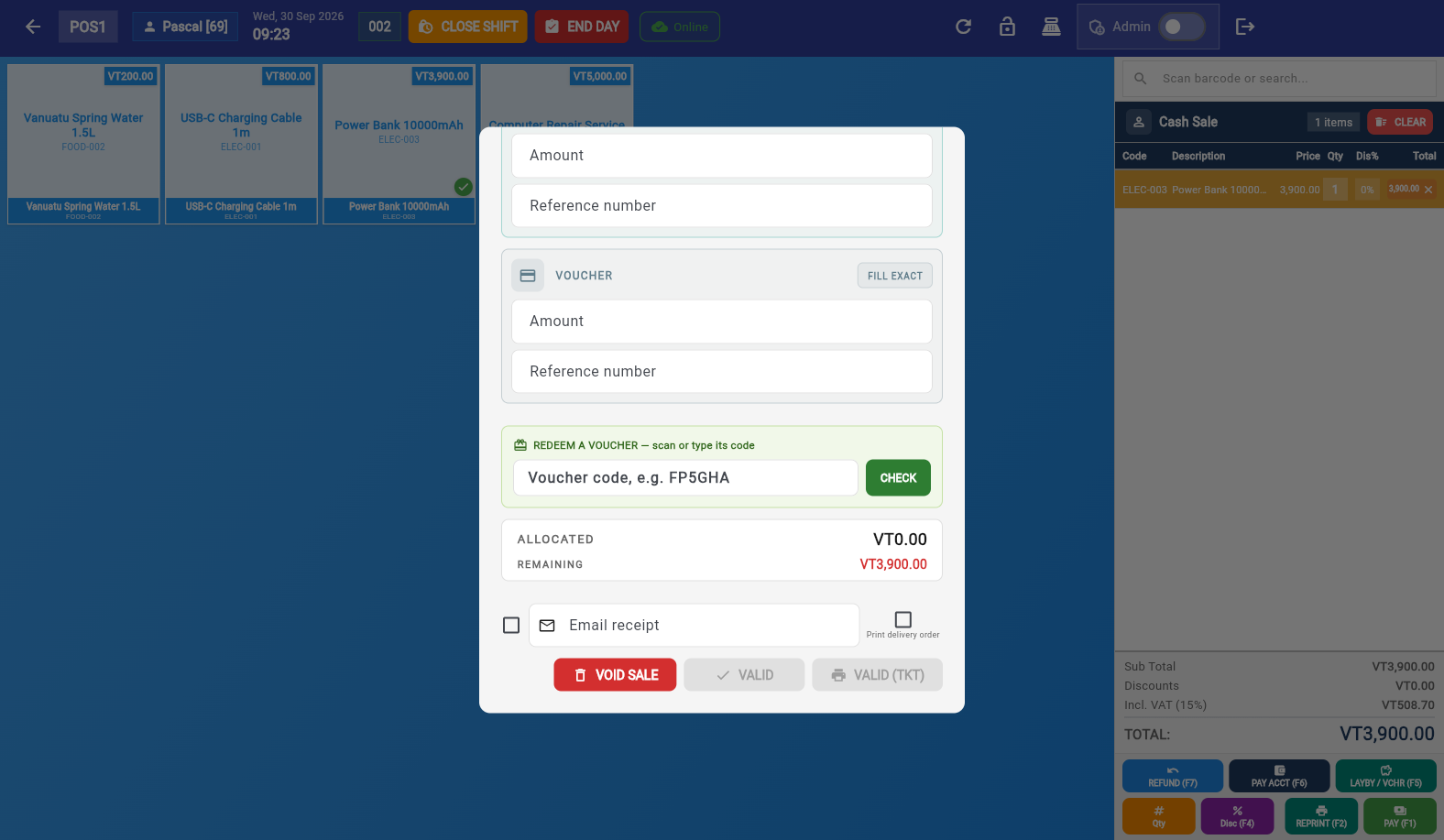 SPLIT / VOUCHER tab with redeem field