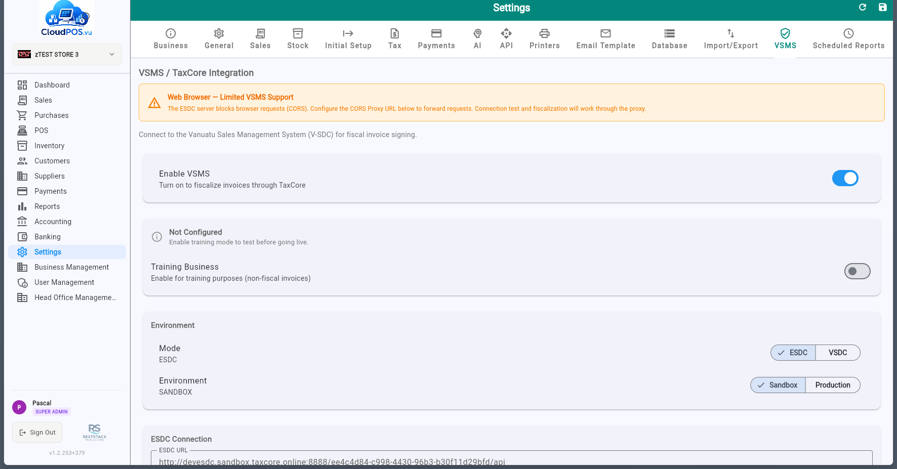 VSMS settings — SDC connection