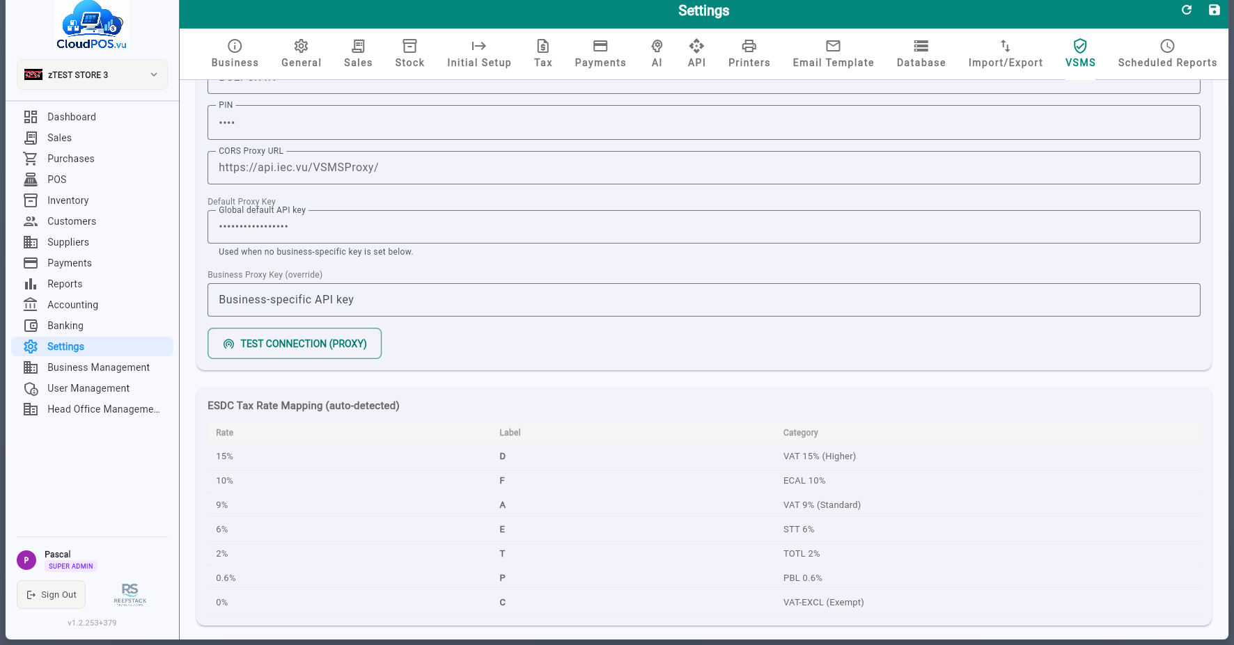 VSMS settings — SDC tax rate mapping