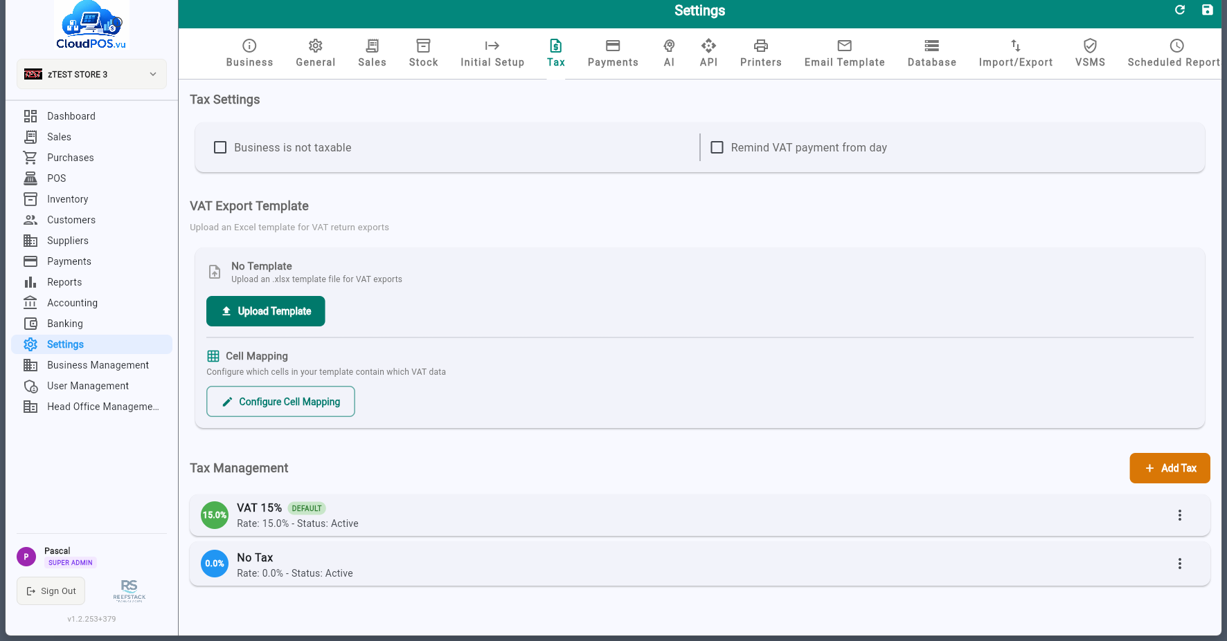 Tax settings tab