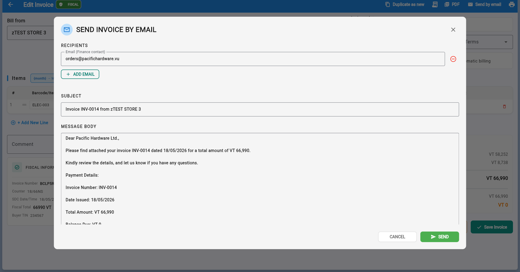 Email fiscal invoice dialog