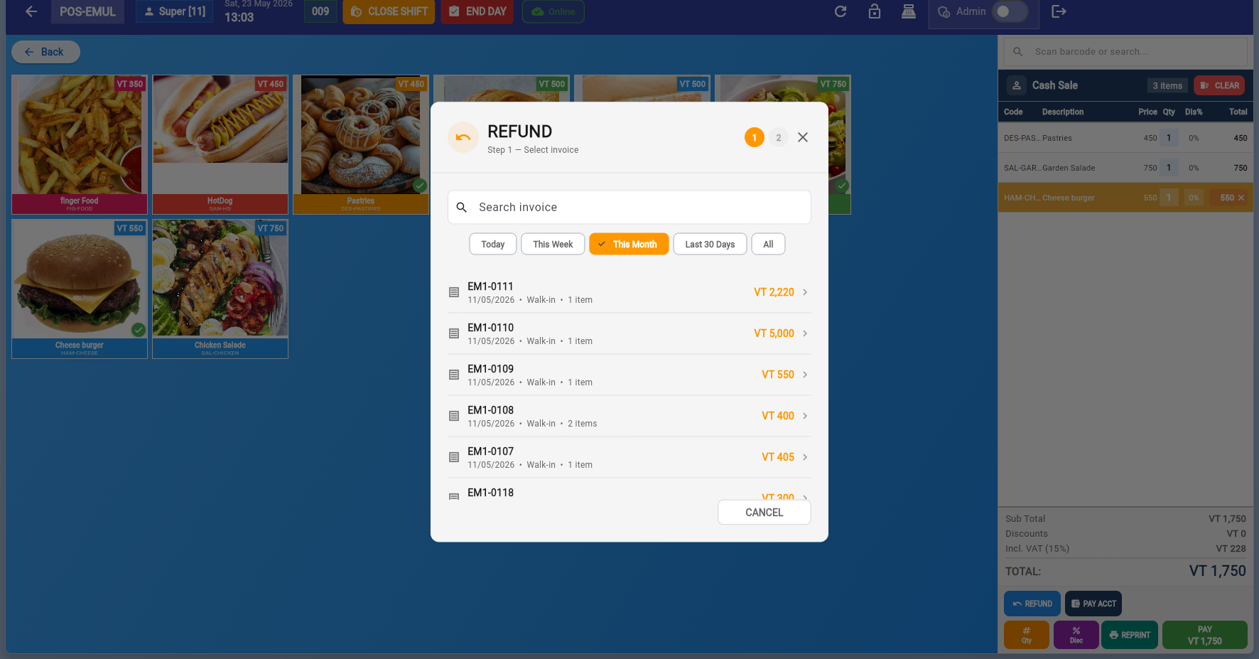Refund dialog — select invoice